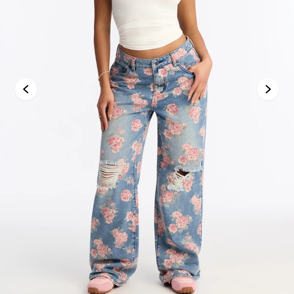 Fashion Nova Floral Distressed Blue Jeans